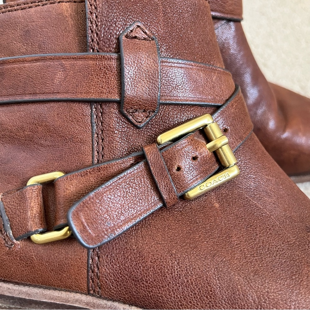 Coach Leoda Dark Ginger Distressed Brown Leather Bootie Ankle Boots Buckle 5.5 - Picture 6 of 14